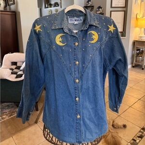Vintage Women’s Boy Blue Denim 80’s Embellished Button Down Shirt Moon & Stars